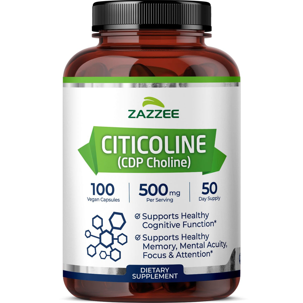 Zazzee Citicoline 500 mg flacon avec 100 gélules véganes