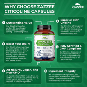 Zazzee Citicoline 500 mg gélules avec des ingrédients