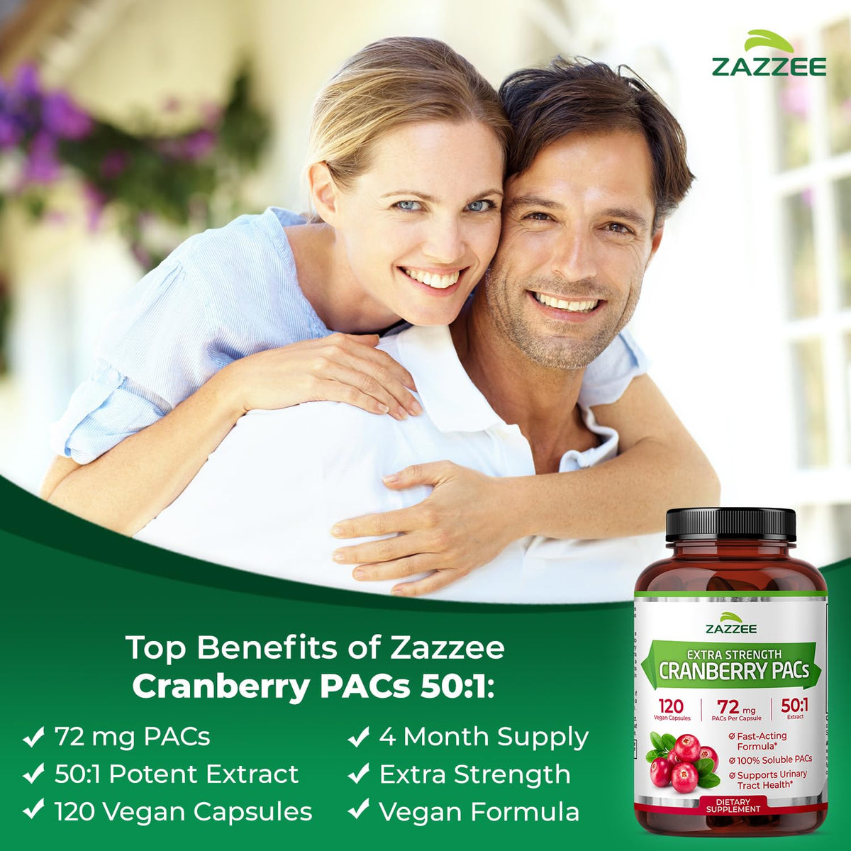 Zazzee Cranberry PACs avec étiquette sur le flacon