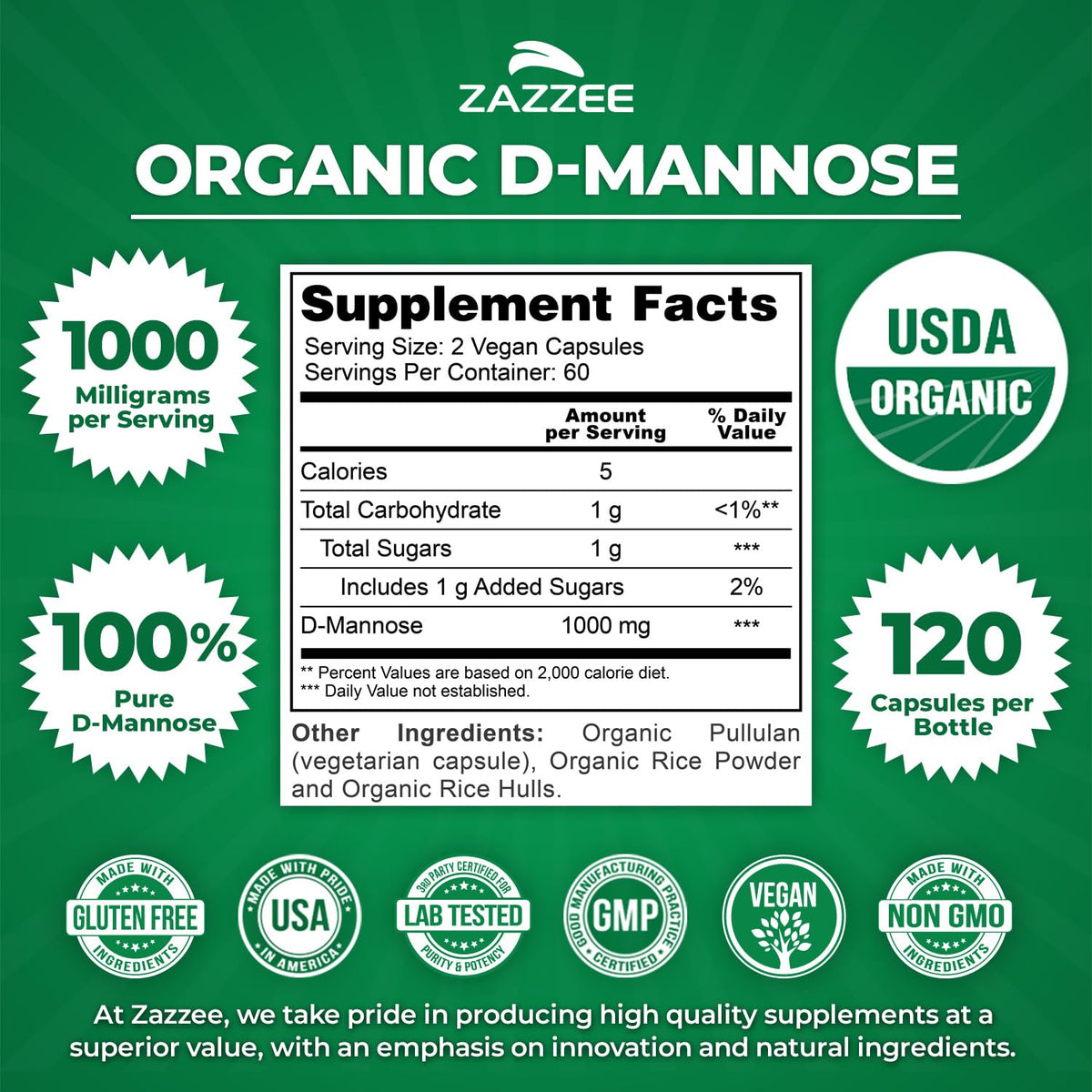 Zazzee D-Mannose Bio 1000 mg gélules sur fond blanc