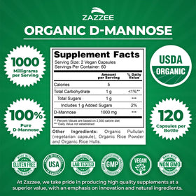 Zazzee D-Mannose Bio 1000 mg gélules sur fond blanc