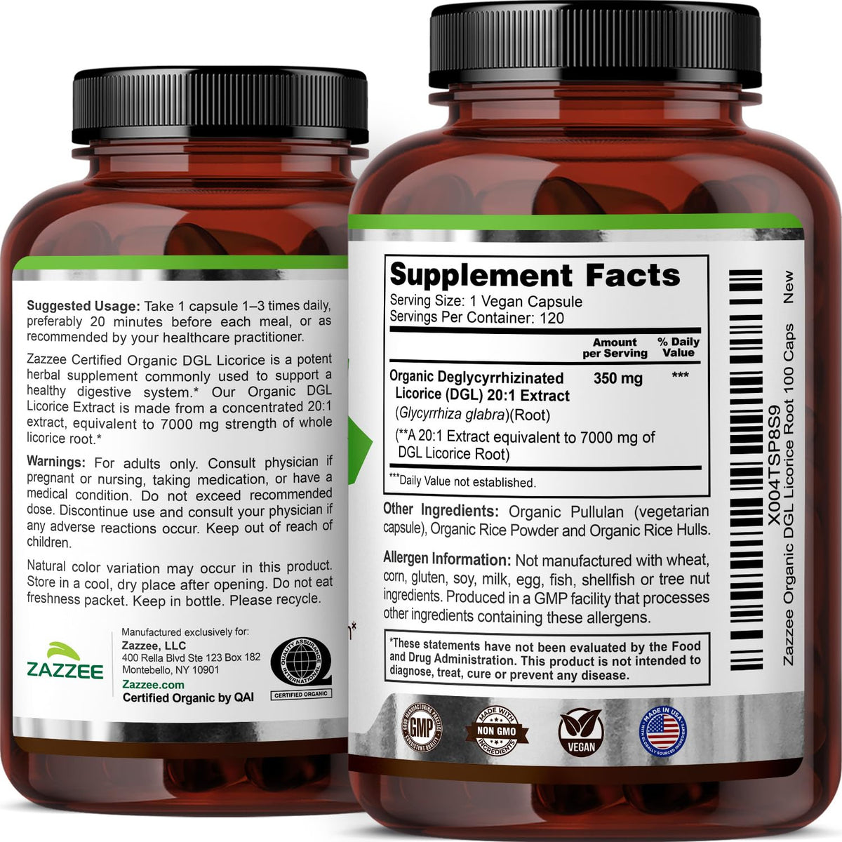 Zazzee DGL Réglisse Bio capsules ouvertes sur une surface en bois