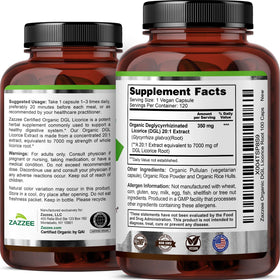 Zazzee DGL Réglisse Bio capsules ouvertes sur une surface en bois