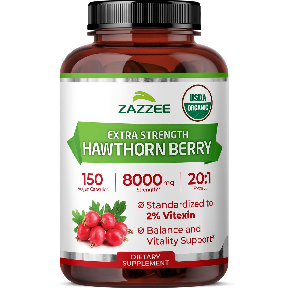 Zazzee Extrait de Baies d'Aubépine Bio 150 capsules vue de face