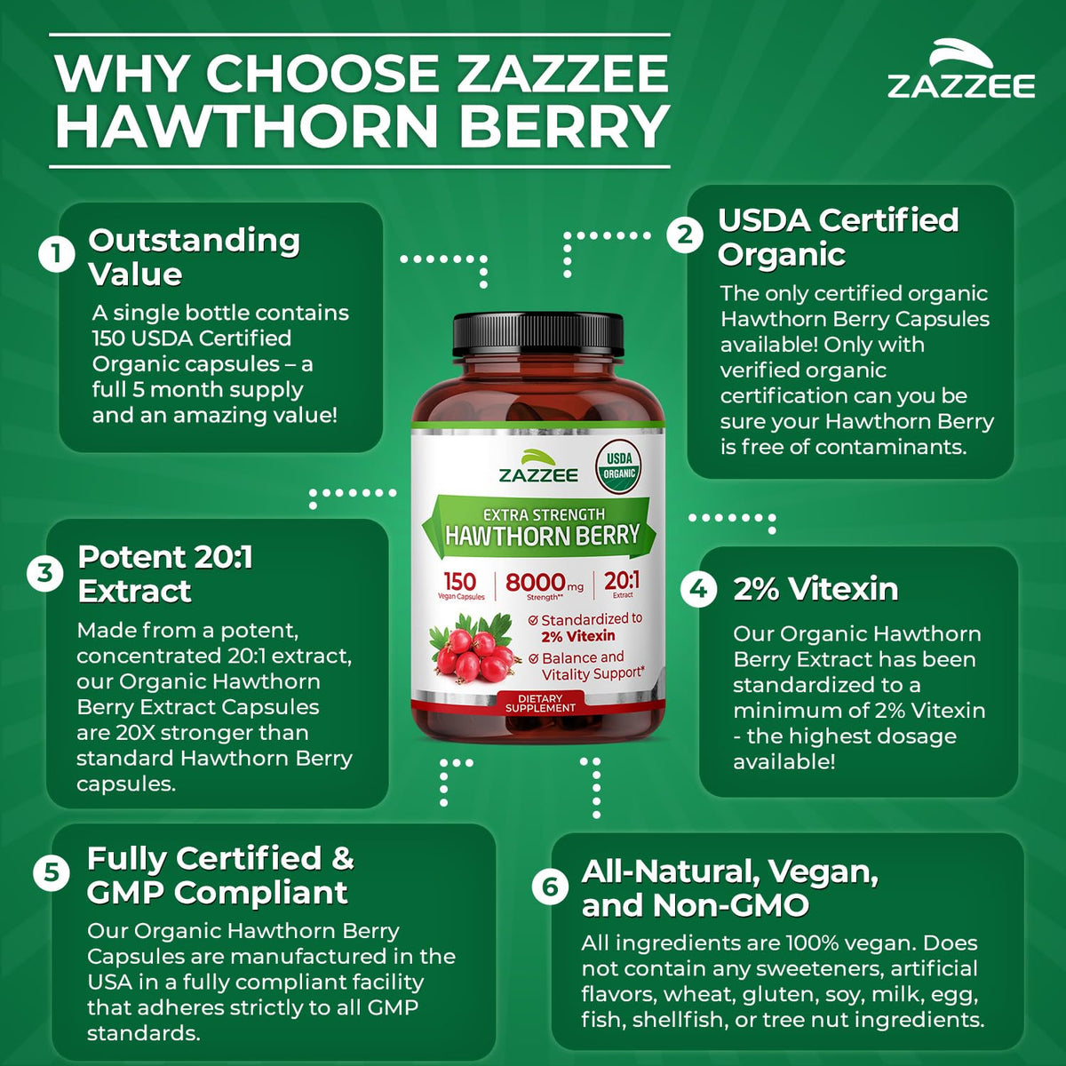 Zazzee Extrait de Baies d'Aubépine Bio avec d'autres compléments alimentaires