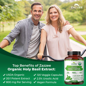 Zazzee Extrait de Basilic Sacré Bio 20:1 capsules en gros plan