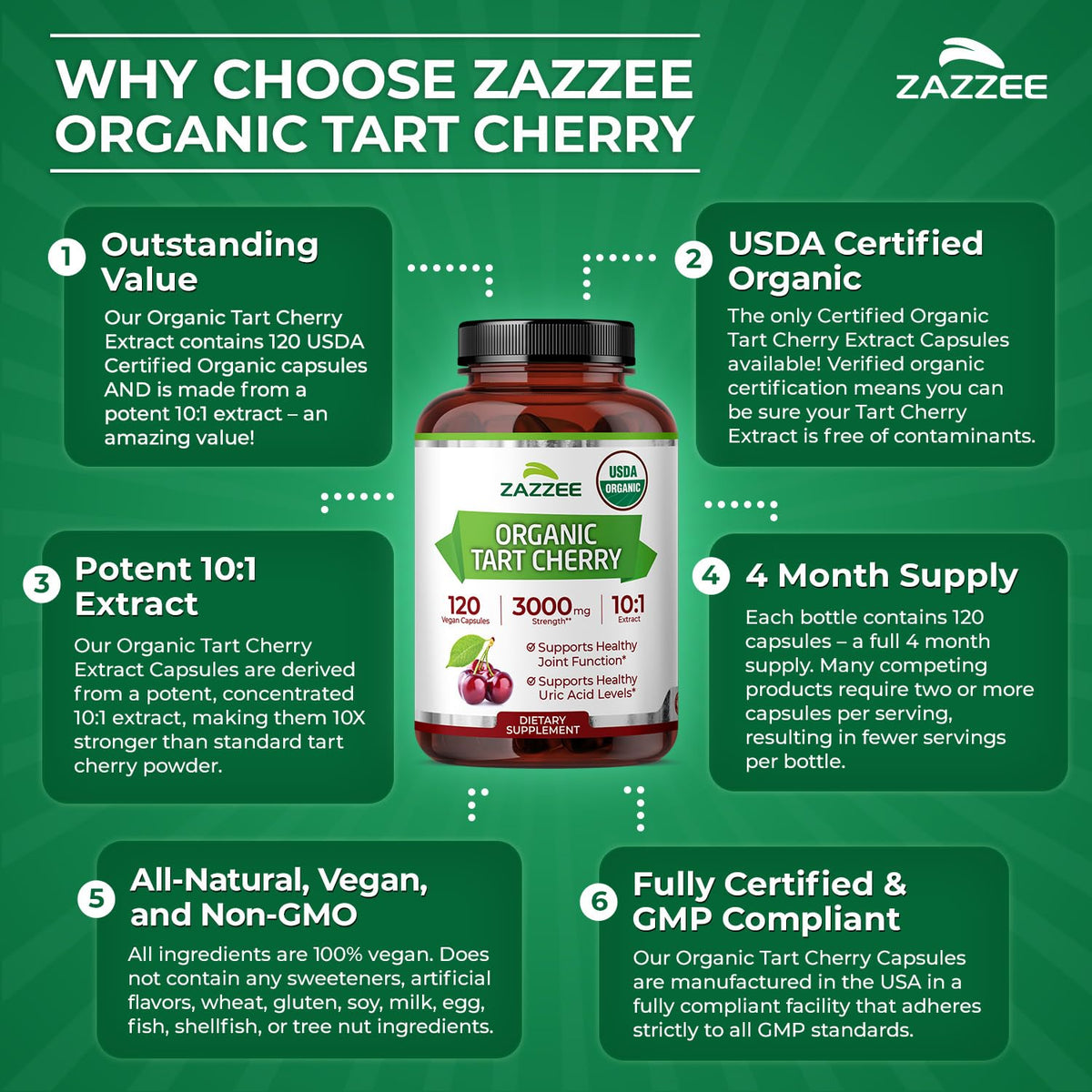 Zazzee Extrait de Cerise Acide Bio 10:1, capsules avec cerises acides