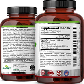 Zazzee Extrait de Cerise Acide Bio 10:1, flacon ouvert montrant les capsules