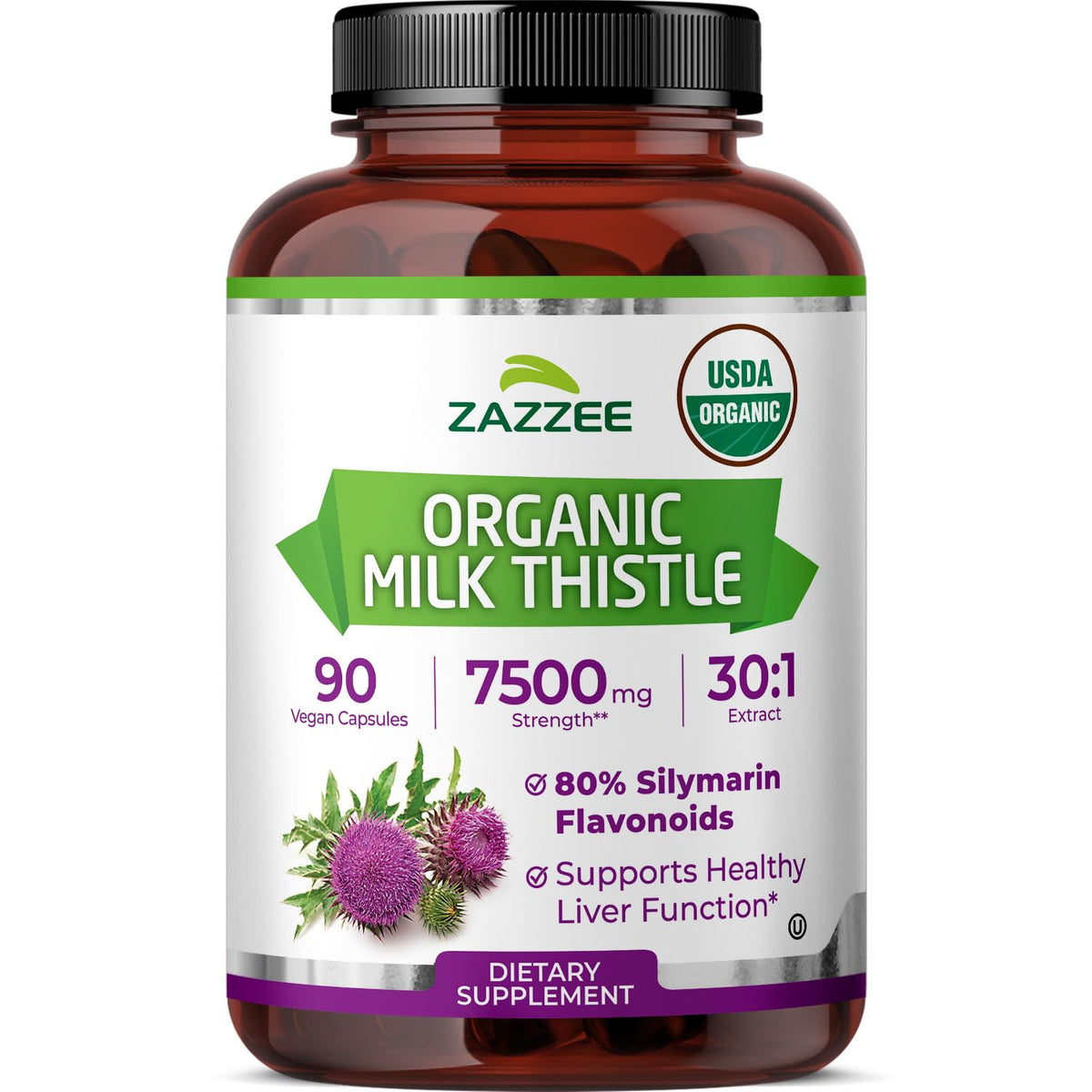 Zazzee Extrait de Chardon-Marie biologique 30:1 80% Silymarine, emballage avant