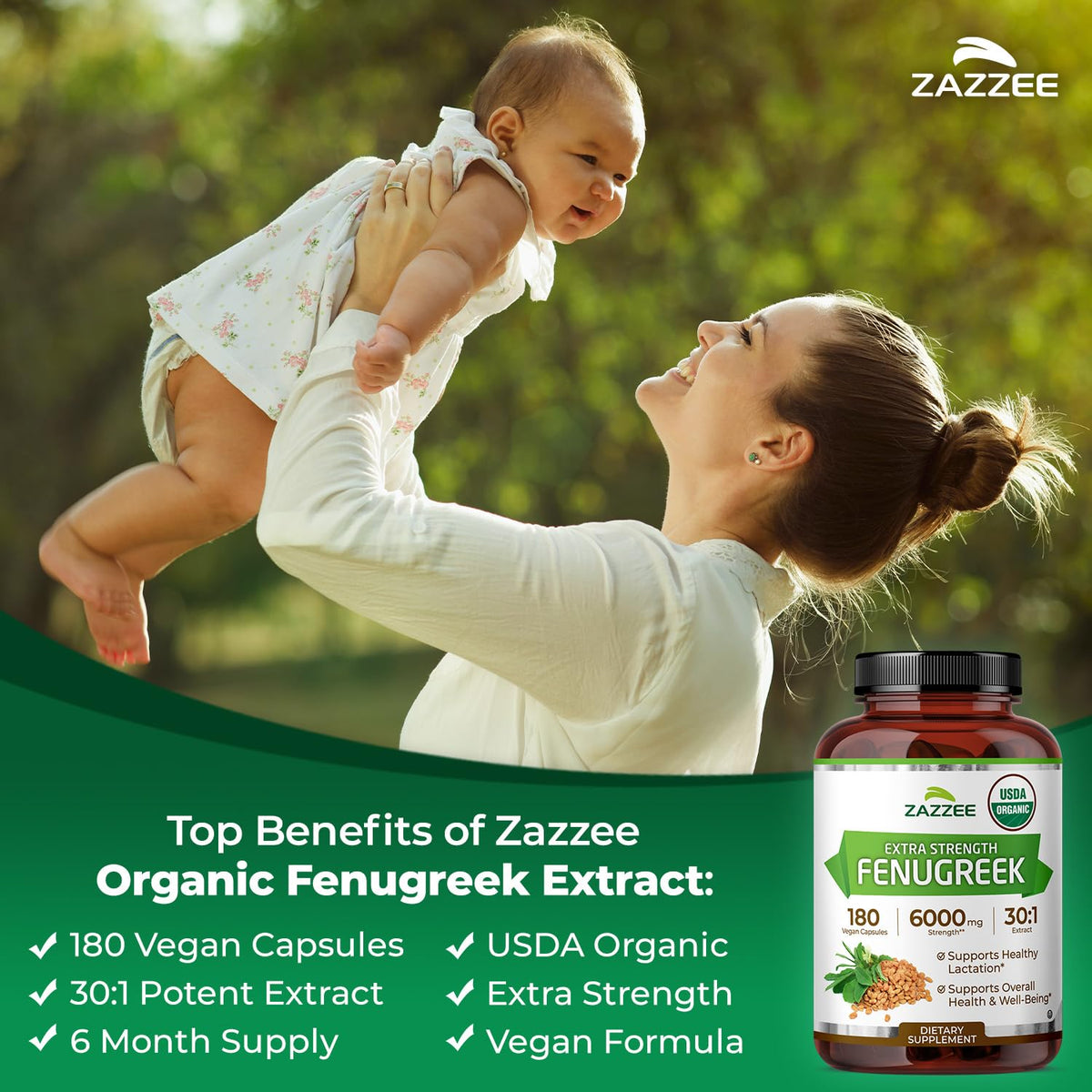 Zazzee Extrait de Fenugrec Bio 180 Capsules - flacon ouvert