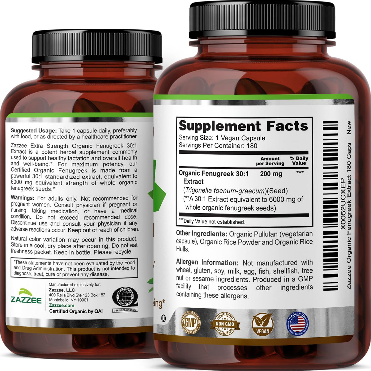 Zazzee Extrait de Fenugrec Bio 180 Capsules - produit sur une table