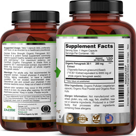 Zazzee Extrait de Fenugrec Bio 180 Capsules - produit sur une table
