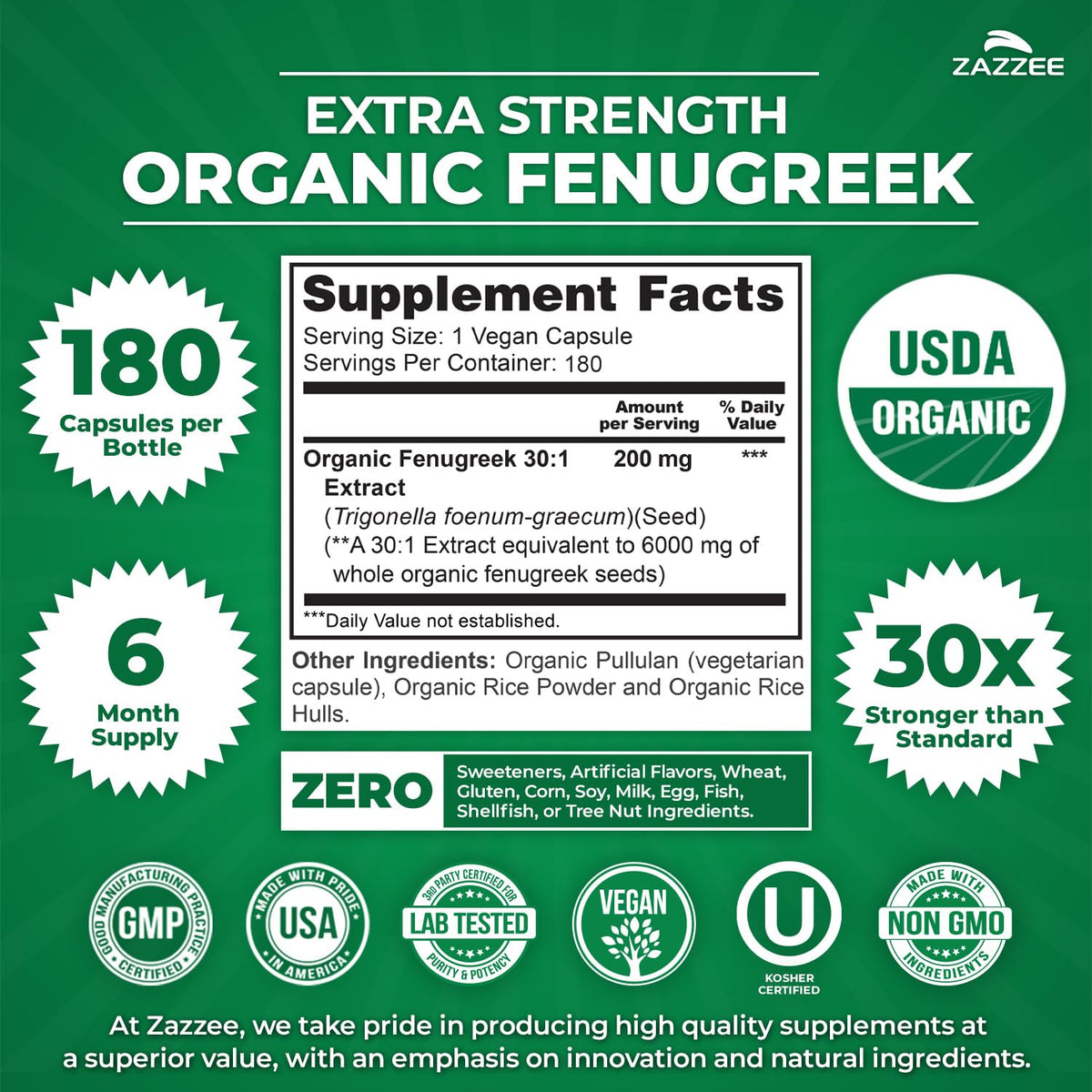 Zazzee Extrait de Fenugrec Bio 180 Capsules - vue de côté
