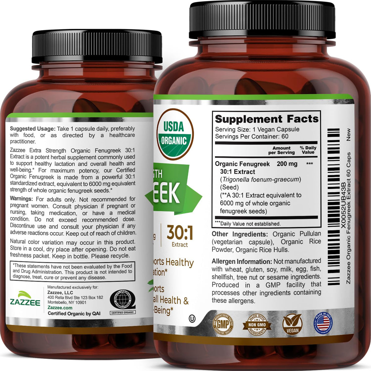 Zazzee Extrait de Fenugrec Bio 30:1 60 Capsules emballage avec étiquette