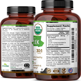 Zazzee Extrait de Fenugrec Bio 30:1 60 Capsules emballage avec étiquette