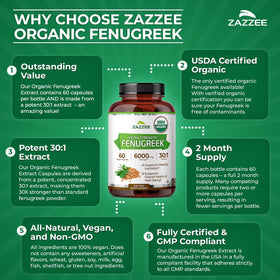 Zazzee Extrait de Fenugrec Bio 30:1 60 Capsules en situation sur une table