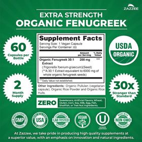 Zazzee Extrait de Fenugrec Bio 30:1 60 Capsules sur fond blanc