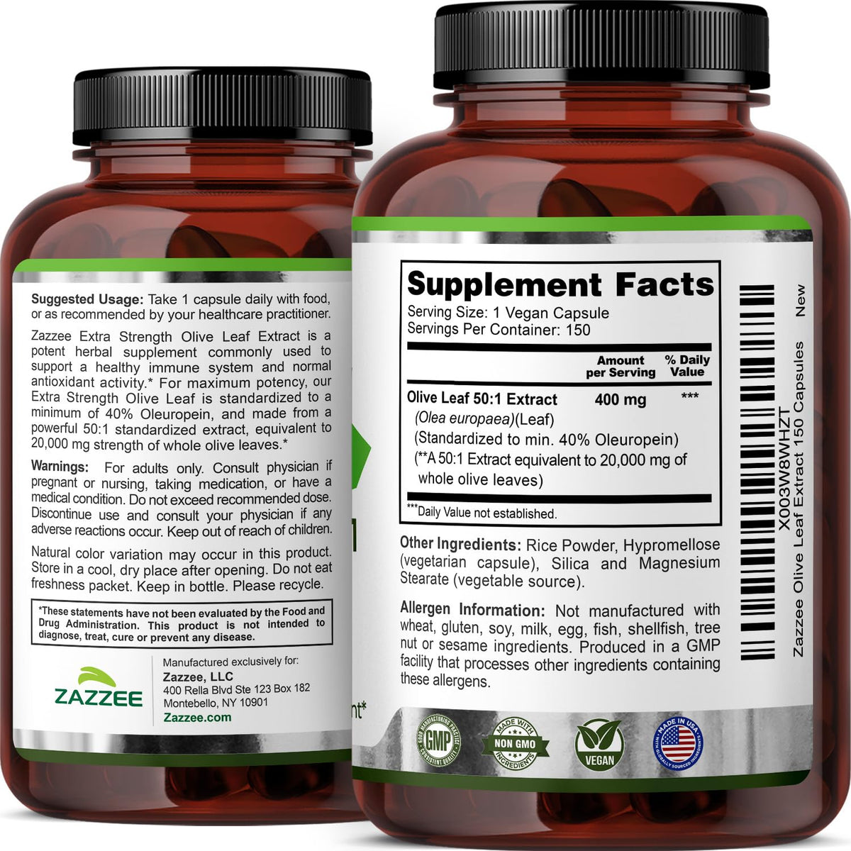 Zazzee Extrait de Feuille d'Olivier 150 capsules ouvertes
