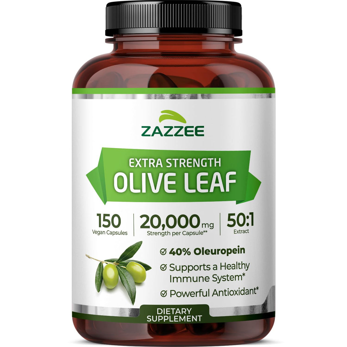 Zazzee Extrait de Feuille d'Olivier 150 capsules vue de face