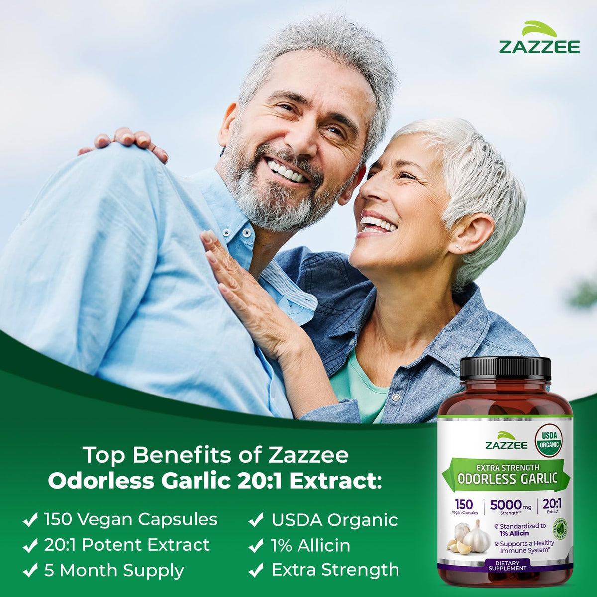 Zazzee Extrait de Garlic Odorless Bio 150 Capsules avec des ingrédients listés