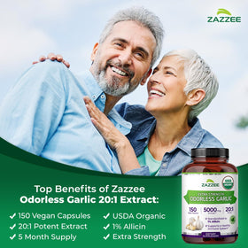 Zazzee Extrait de Garlic Odorless Bio 150 Capsules avec des ingrédients listés