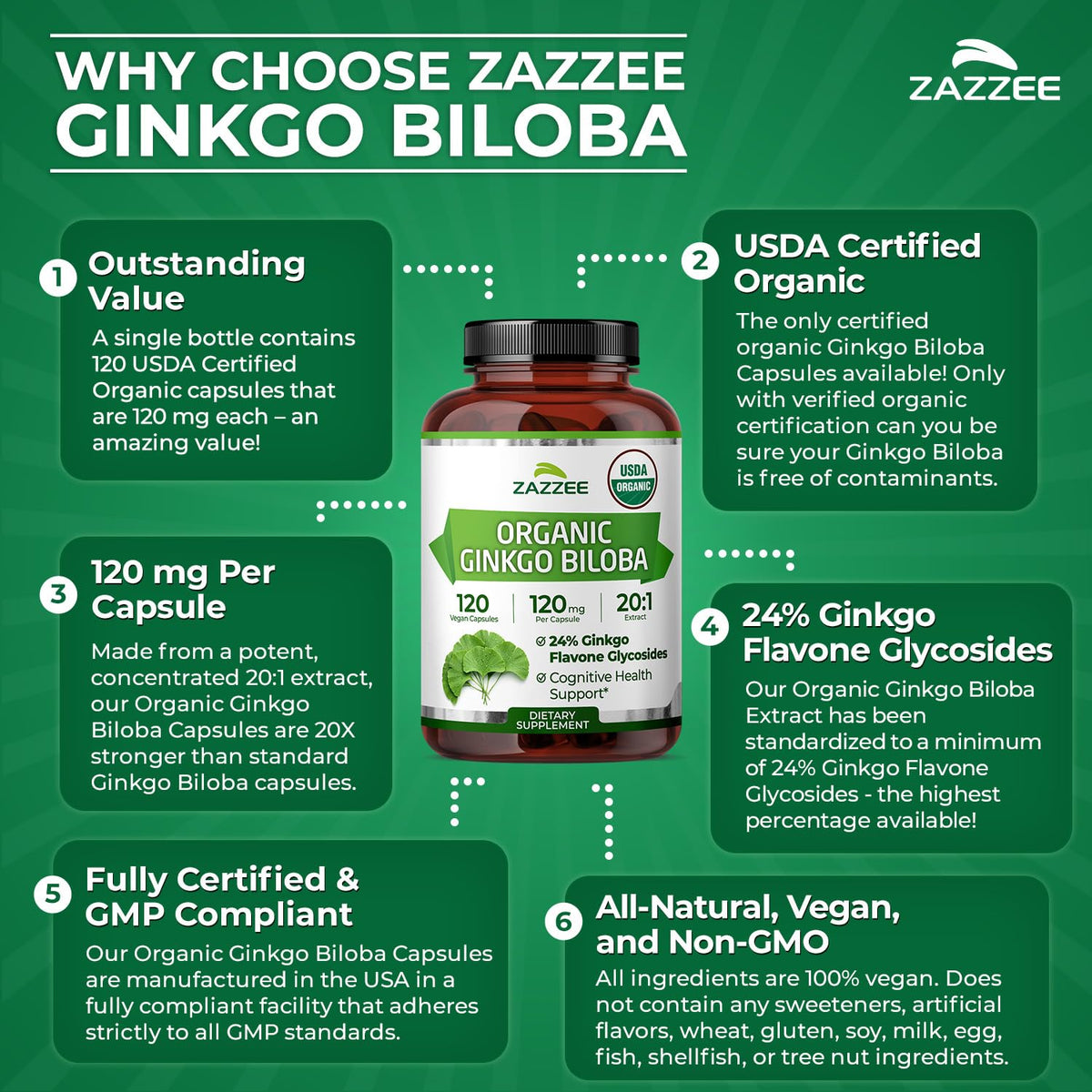 Zazzee Extrait de Ginkgo Biloba affiché avec d'autres compléments alimentaires