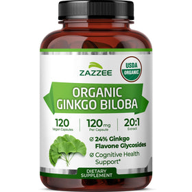 Zazzee Extrait de Ginkgo Biloba USDA Bio 120 capsules, vue de face