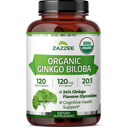 Zazzee Extrait de Ginkgo Biloba USDA Bio 120 capsules, vue de face