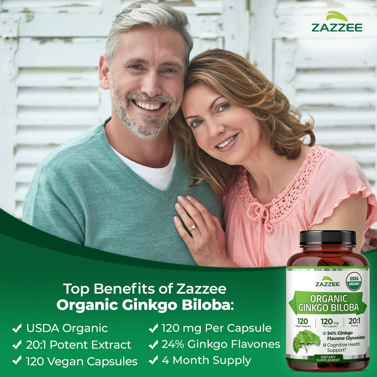 Zazzee Extrait de Ginkgo Biloba USDA Bio sur fond blanc
