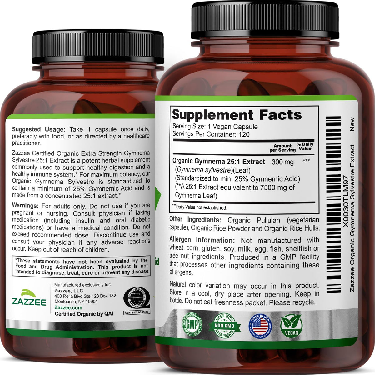 Zazzee Extrait de Gymnema Sylvestre Bio 25:1 capsule close-up