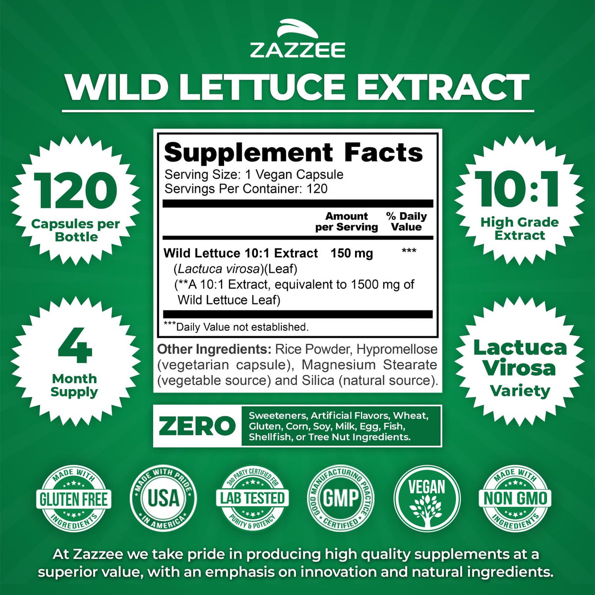Zazzee extrait de laitue sauvage 10:1 capsules à côté du flacon
