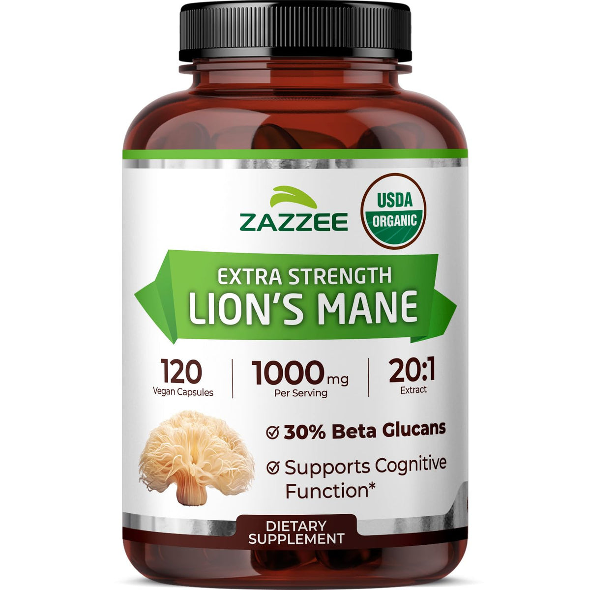 Zazzee Extrait de Lion's Mane Bio 120 Capsules vue avant