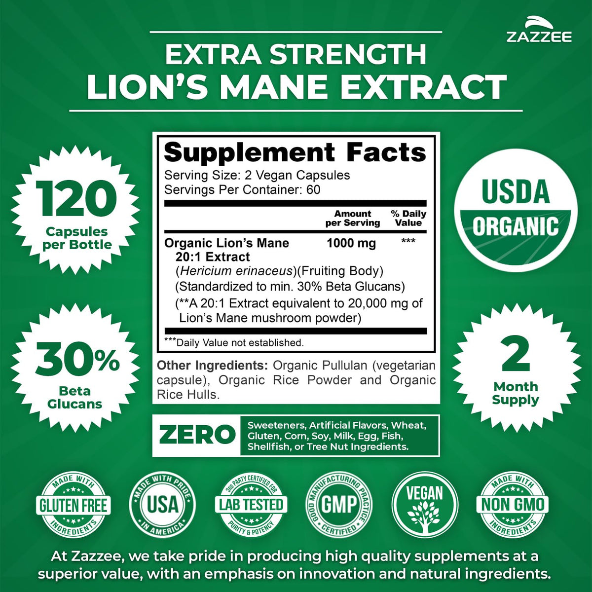 Zazzee Extrait de Lion's Mane Bio capsules sur une surface
