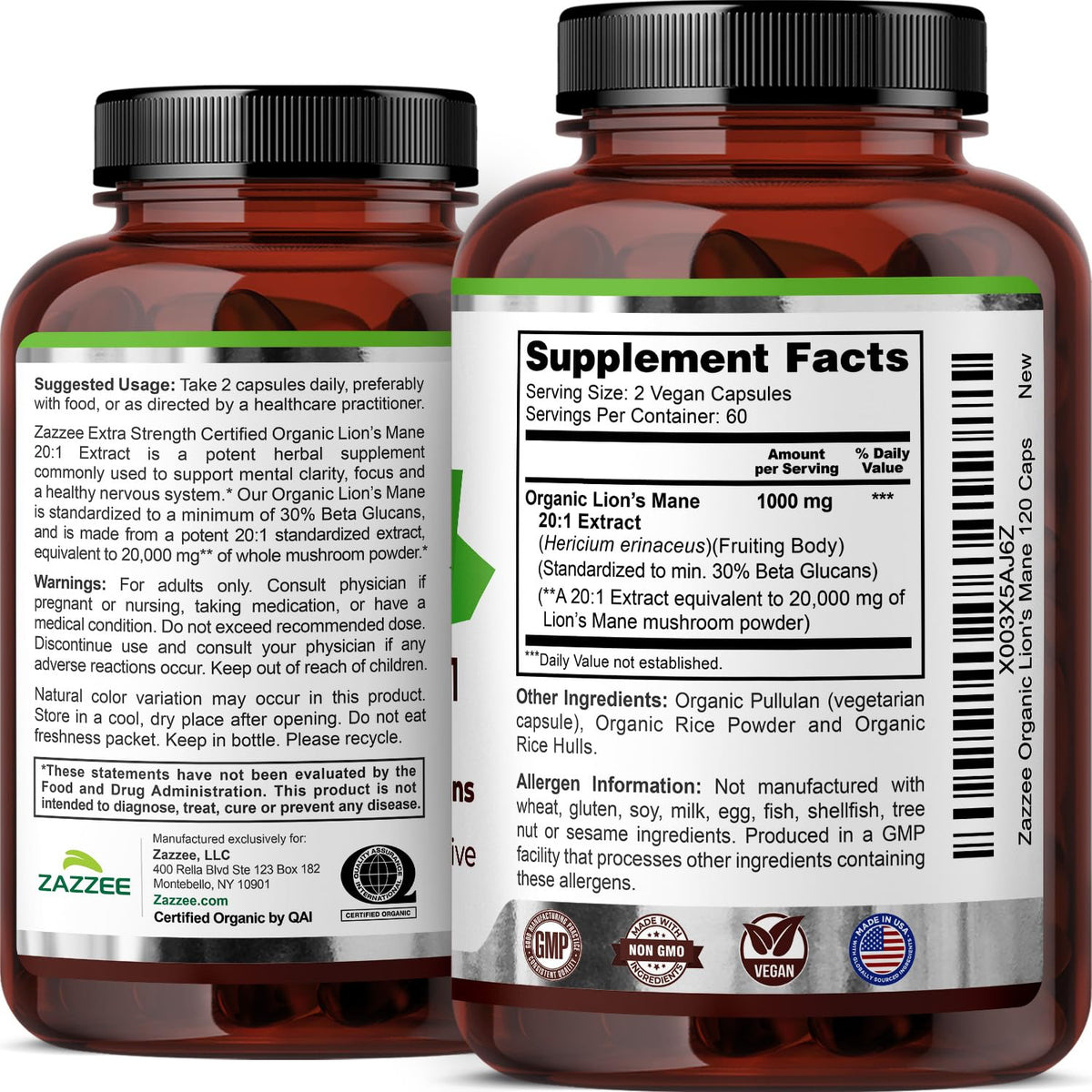 Zazzee Extrait de Lion's Mane Bio étiquette et dosage