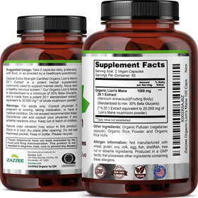 Zazzee Extrait de Lion's Mane Bio étiquette et dosage