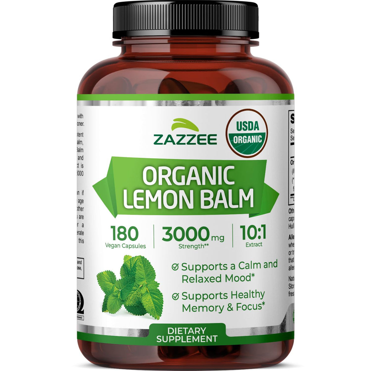 Zazzee Extrait de Mélisse Bio 180 capsules vue de face