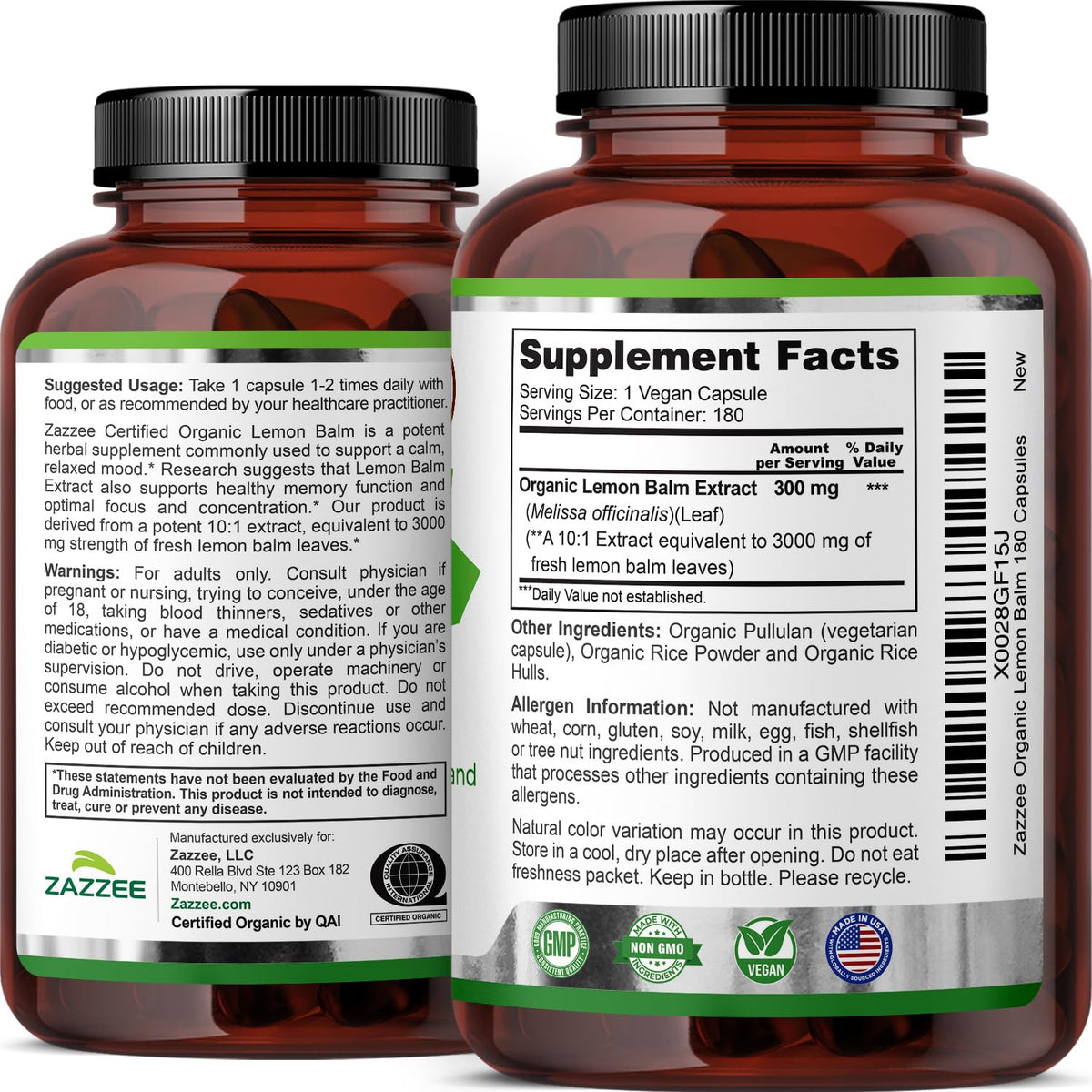 Zazzee Extrait de Mélisse Bio capsules dans un bol