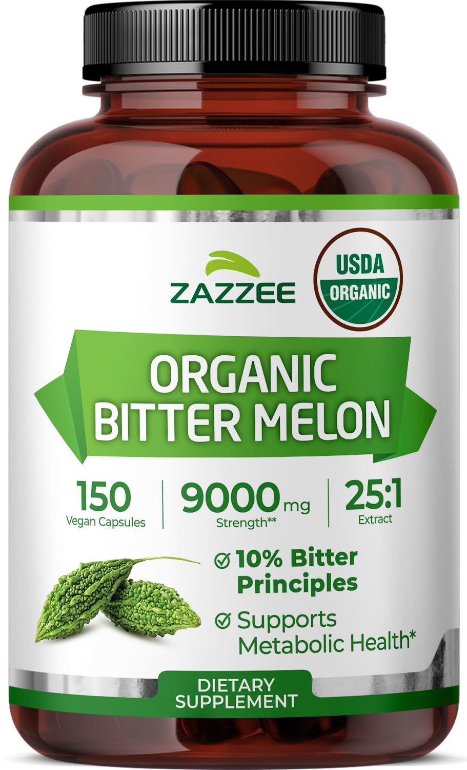 Zazzee Extrait de Melon Amer Bio 150 Capsules vue de face
