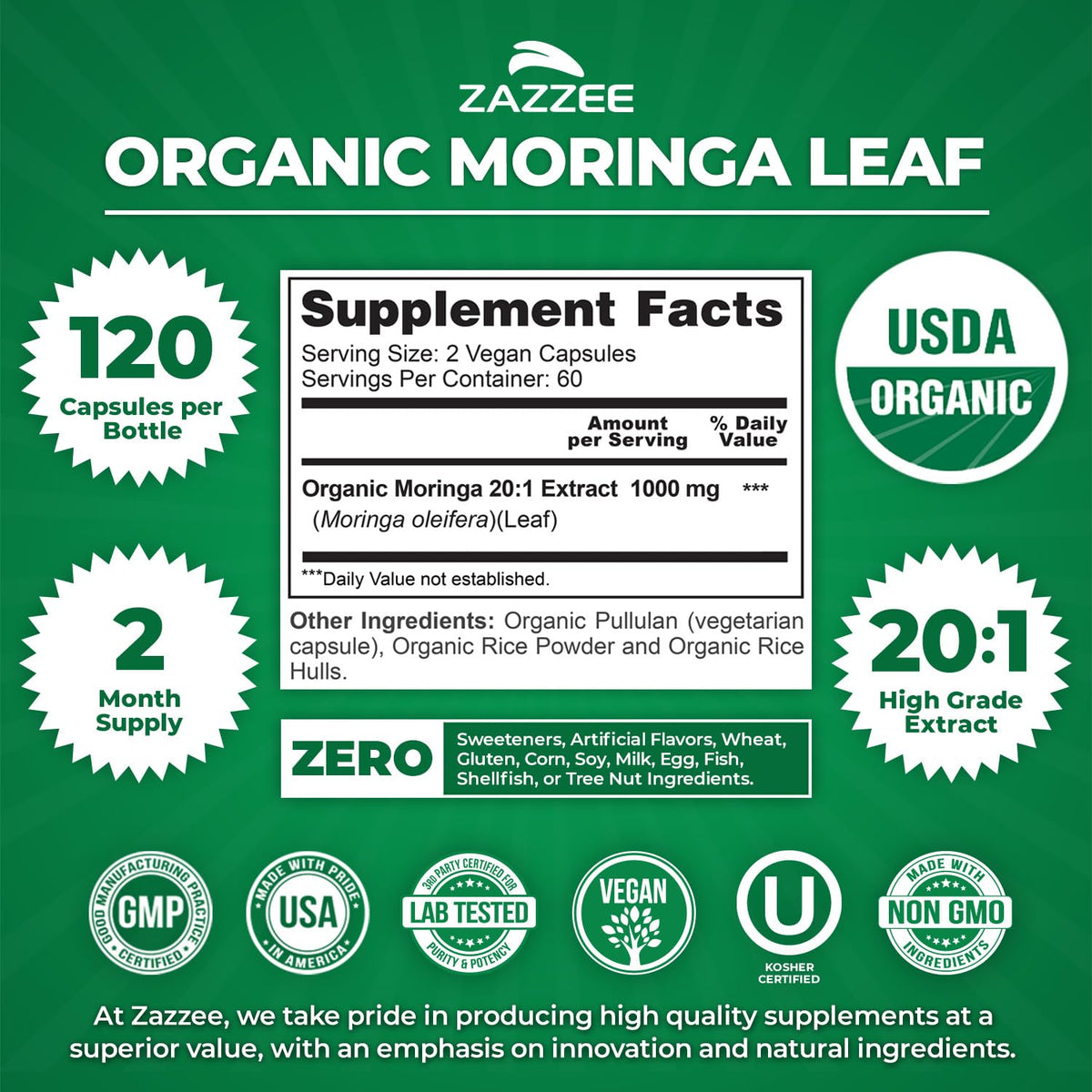 Zazzee Extrait de Moringa Bio 20:1 bouteille avec étiquette visible