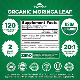 Zazzee Extrait de Moringa Bio 20:1 bouteille avec étiquette visible