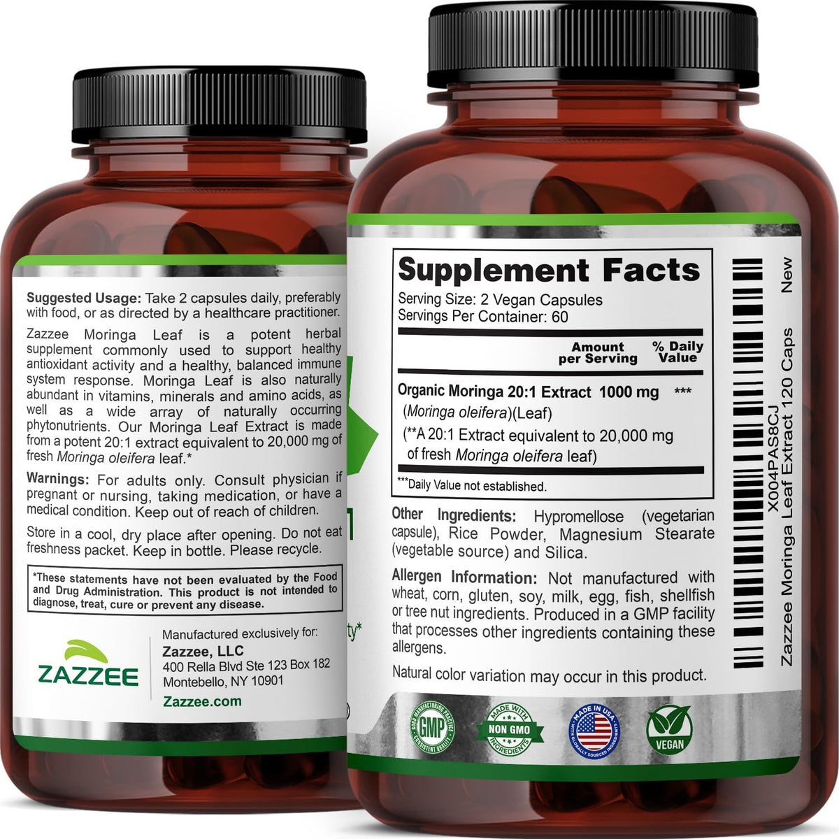 Zazzee Extrait de Moringa Bio 20:1 capsules sur table en bois