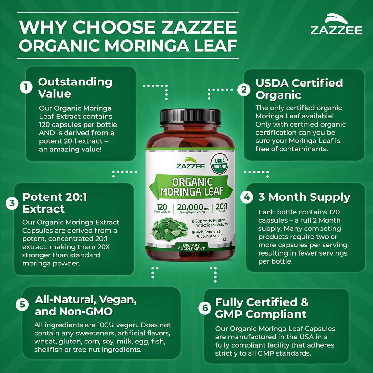Zazzee Extrait de Moringa Bio 20:1 ingrédients naturels