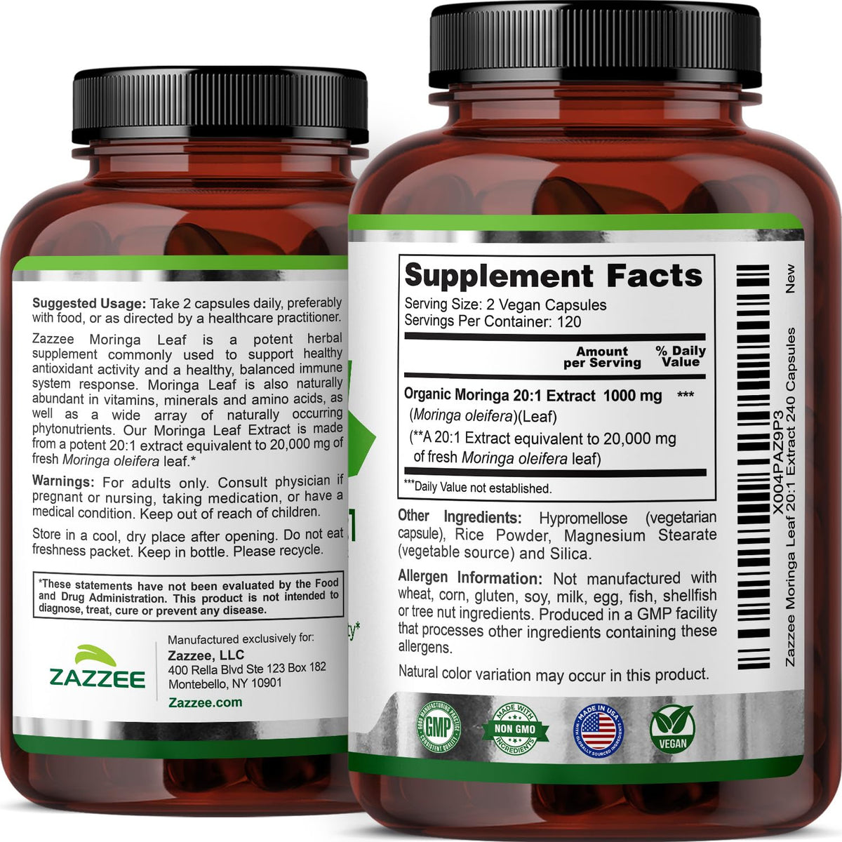 Zazzee Extrait de Moringa Bio 240 capsules sur fond neutre