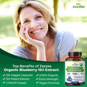 Zazzee Extrait de Myrtille Bio capsules sur une table