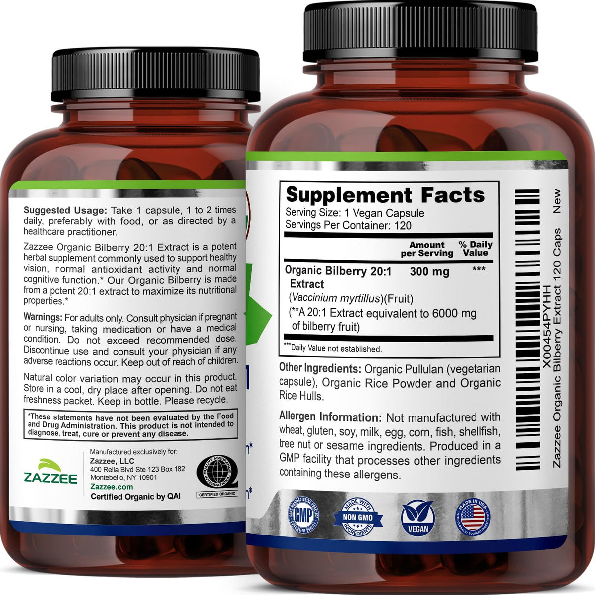 Zazzee Extrait de Myrtille Biologique 20:1 capsules en gros plan