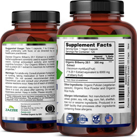 Zazzee Extrait de Myrtille Biologique 20:1 capsules en gros plan
