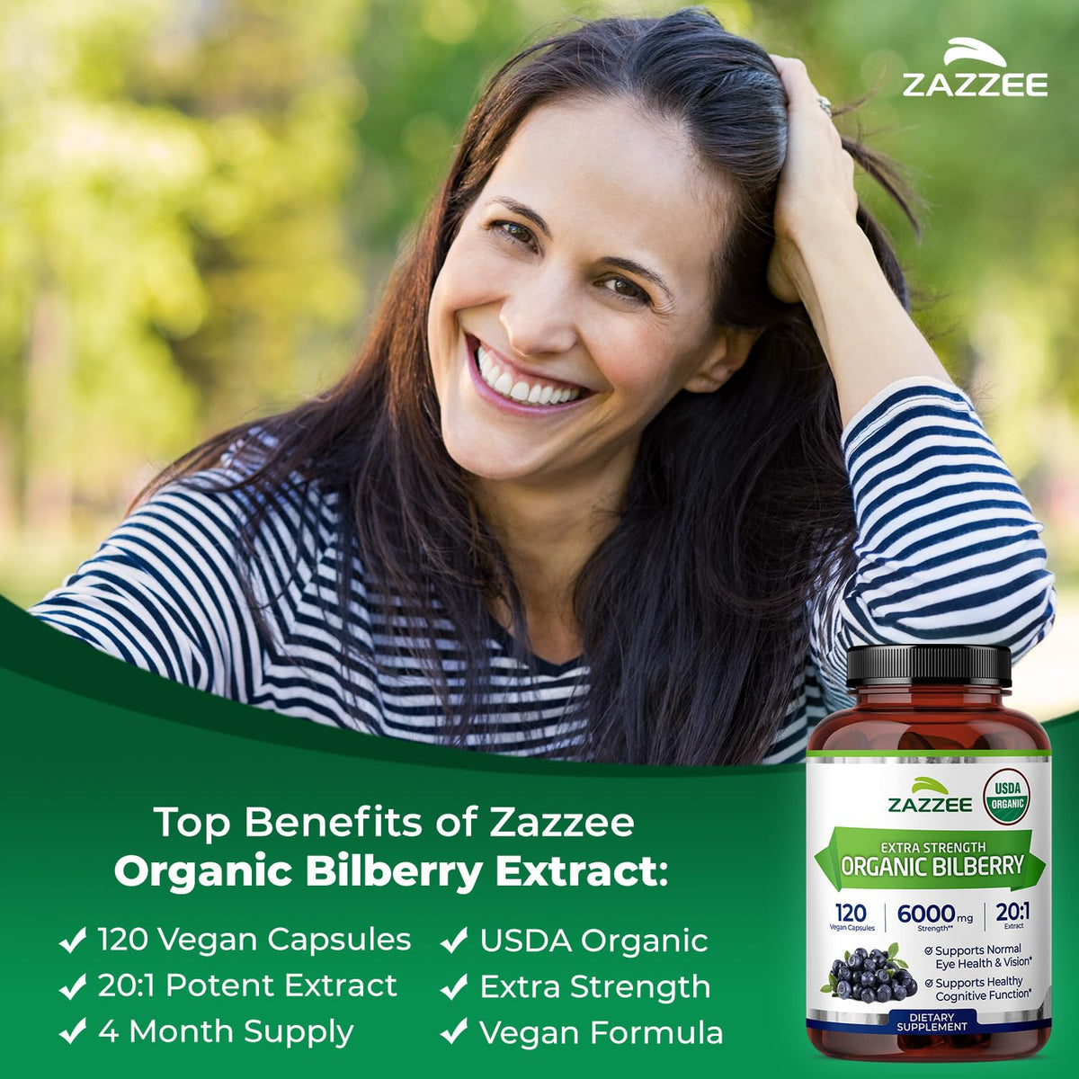 Zazzee Extrait de Myrtille Biologique 20:1 capsules sur une table