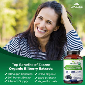 Zazzee Extrait de Myrtille Biologique 20:1 capsules sur une table
