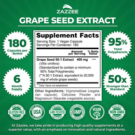 Zazzee Extrait de Pépin de Raisin flacon ouvert avec capsules