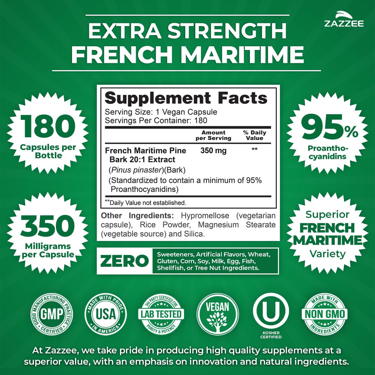 Zazzee Extrait de Pin Maritime Français - Capsules montrant le dosage